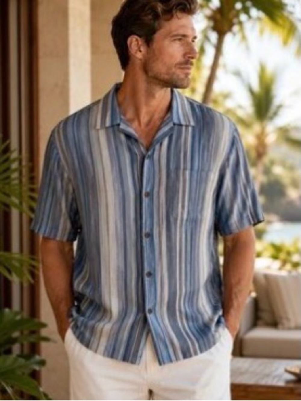 Tommy Bahama Blue Striped Short Sleeve Camp Shirt